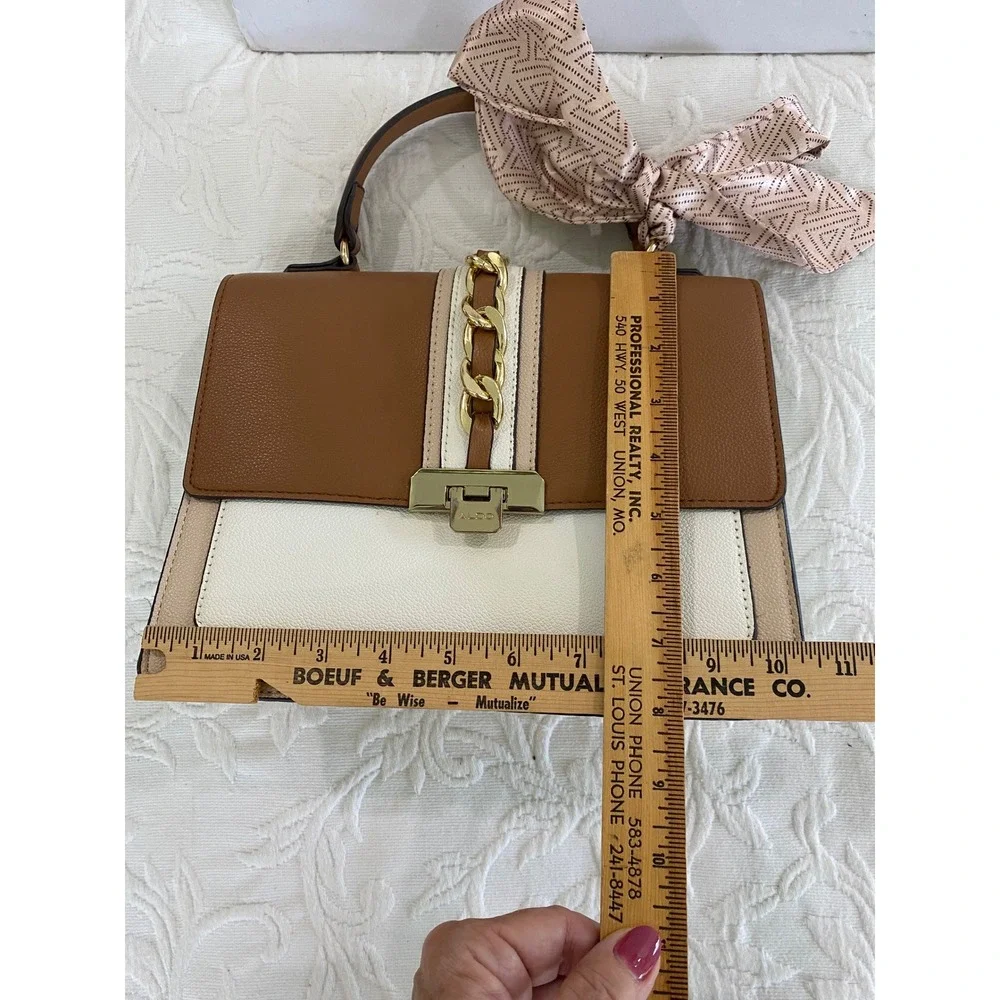 ALDO Colorblock Top Handle Satchel Tan Cream Scarf Accent Luxury‎ Handbag Style